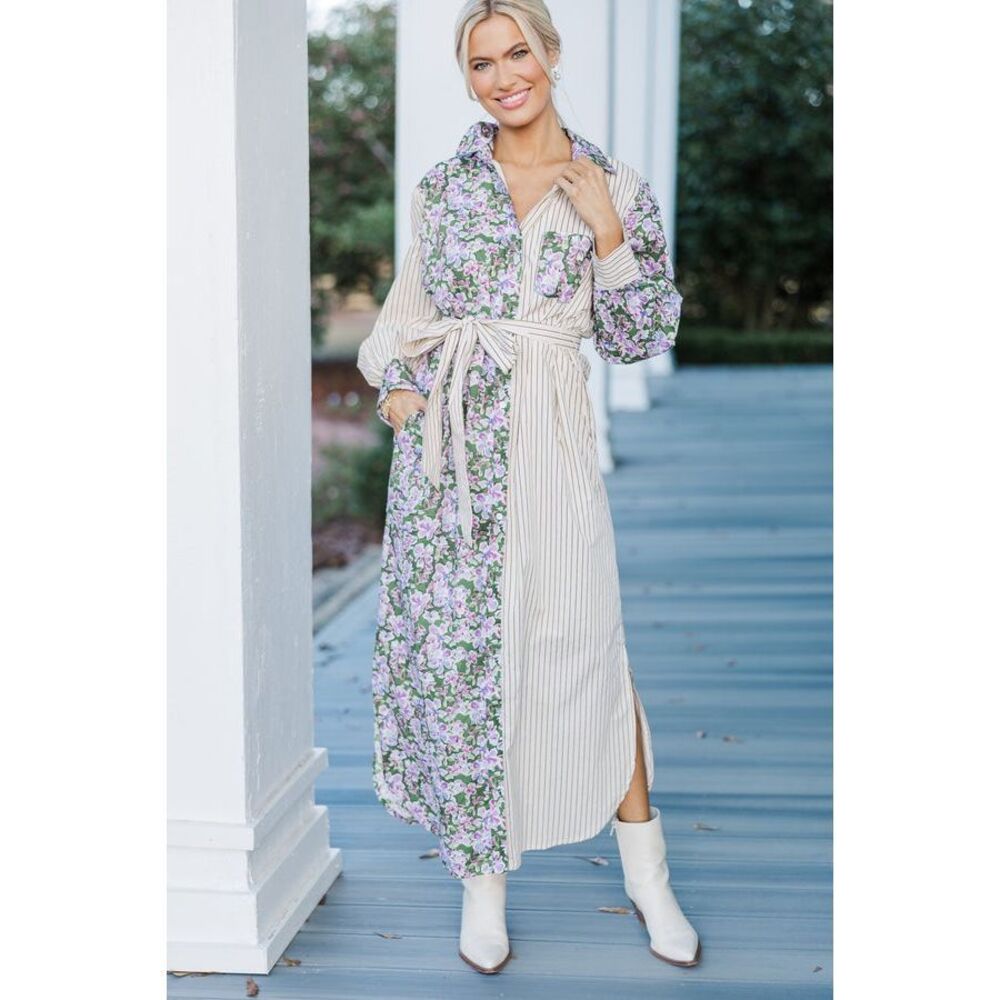 Shop the Mint Just A Reminder Olive Green Ditsy Floral Midi Shirt Dress Size L